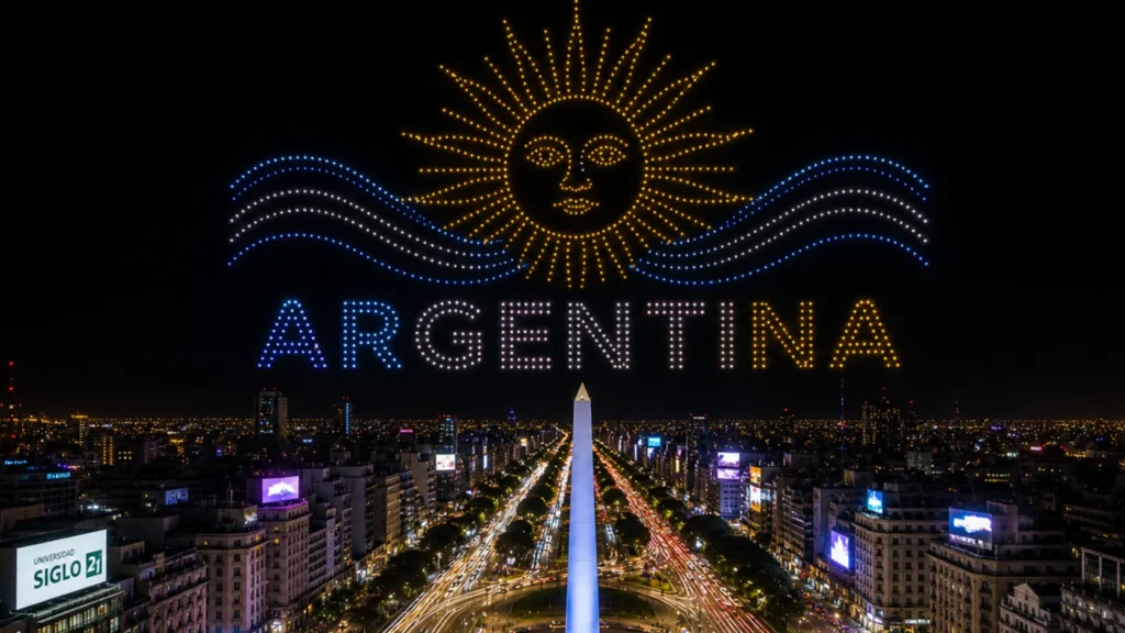 Argentina sun and star drone formation above Buenos Aires Obelisco at night
