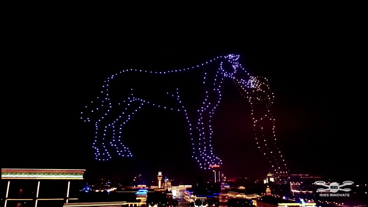 Large horse and person drone formation above city lights