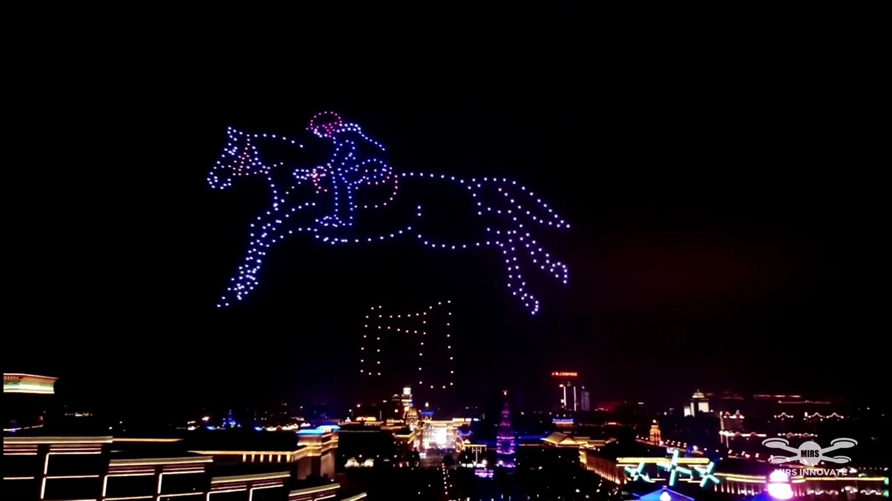 Horse and rider drone formation above a China cityscape