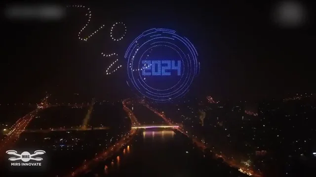 2024 countdown formation above the Wuxi river skyline in a 1,800-drone New Year show