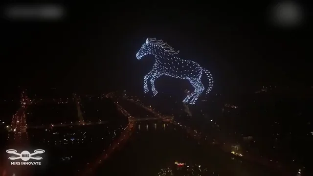 Horse formation above the river skyline during the Wuxi New Year drone show