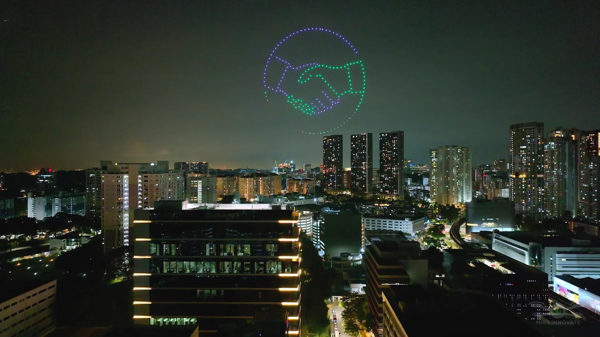 Green outline drone formation above Singapore skyline for Eurokars brand promotion