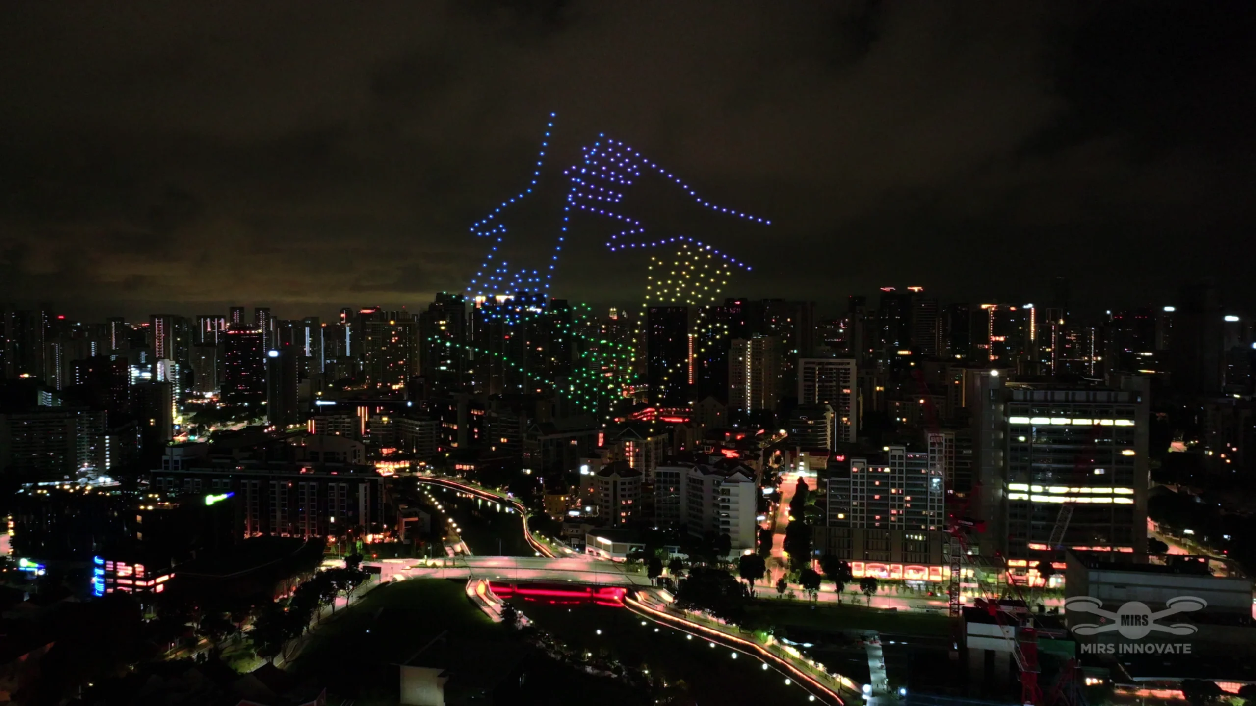 Hand drone formation above Clarke Quay during Singapore Grand Prix week