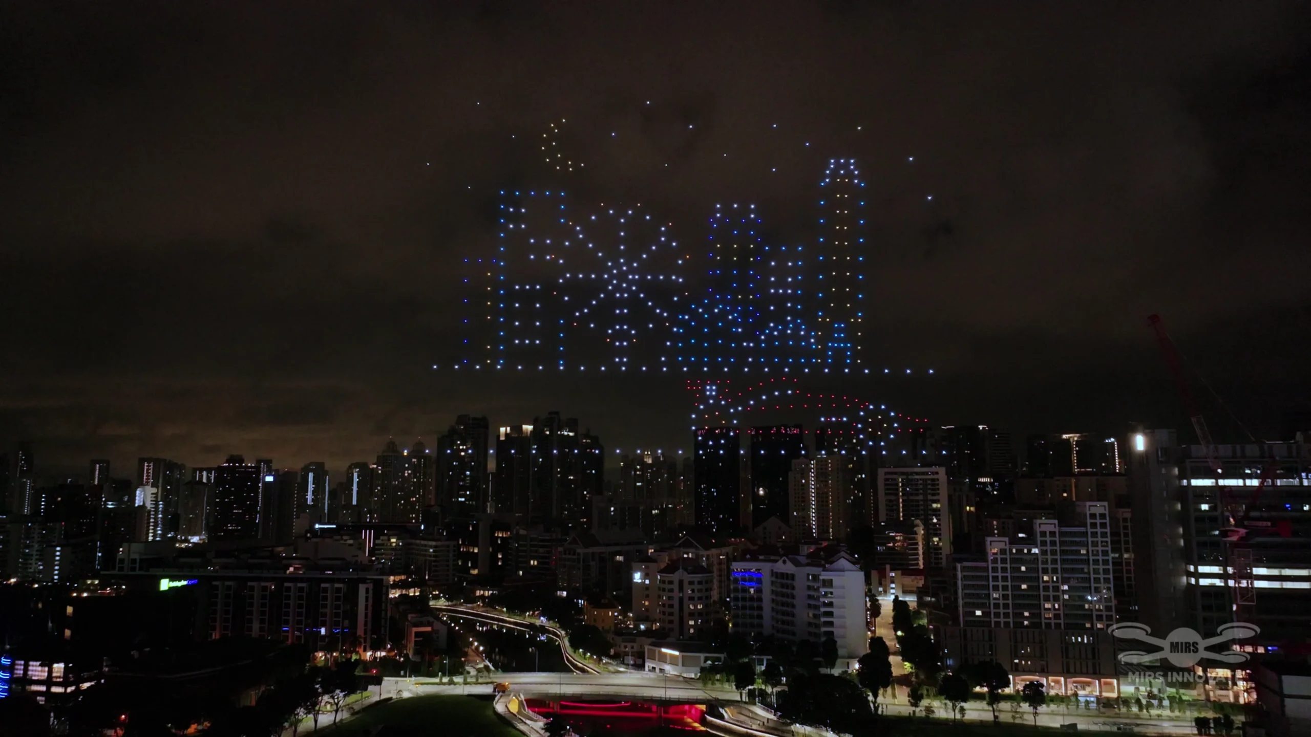 City skyline drone formation during F1 CQ brand promotion Singapore