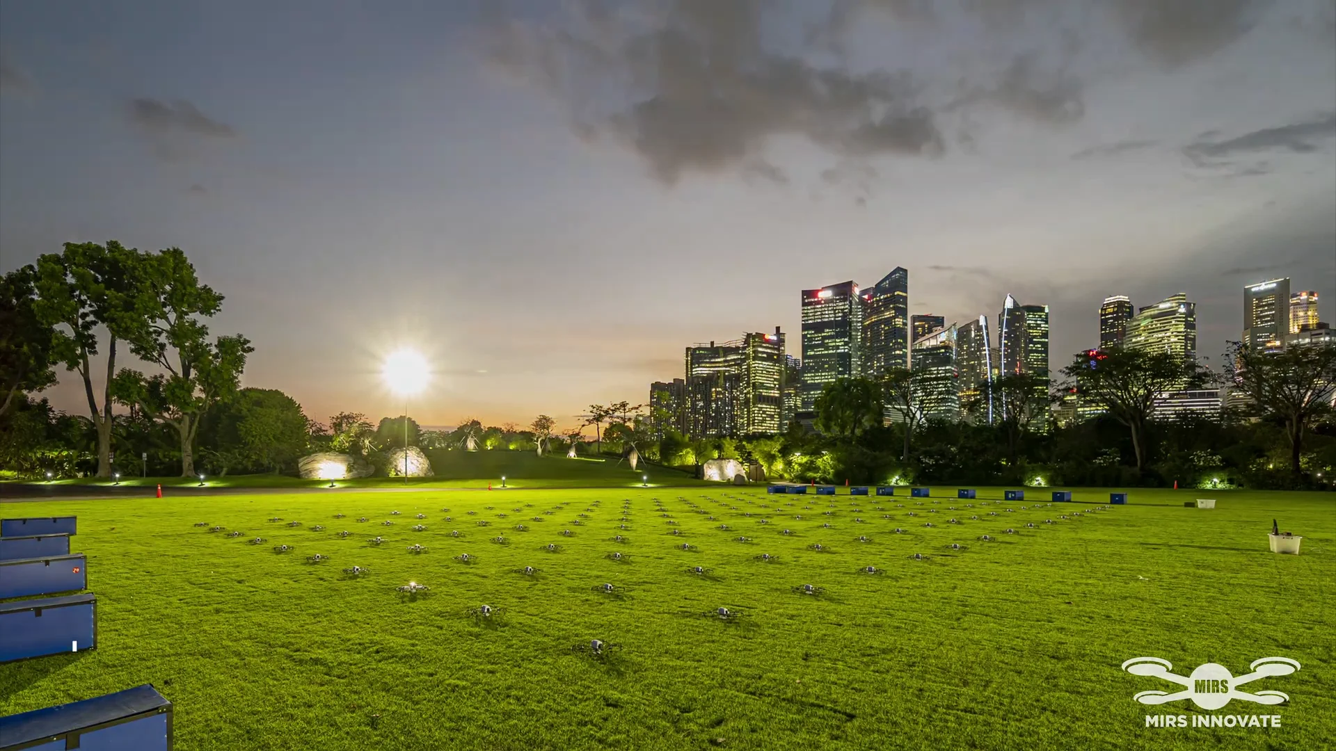 Marriage proposal drone grid beside the Gardens by the Bay skyline in Singapore