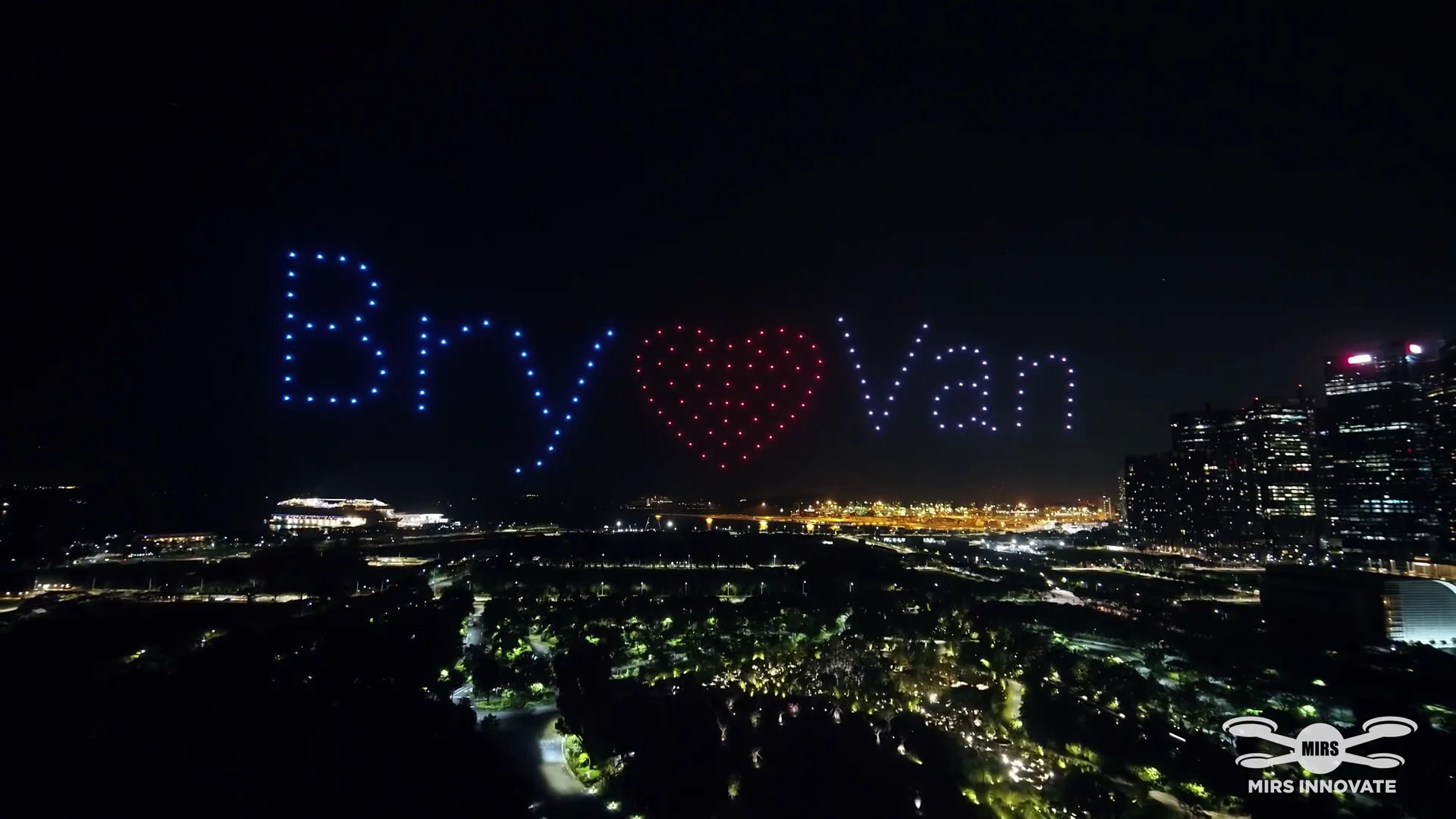 Heart and personalised name text drone formation near Gardens by the Bay