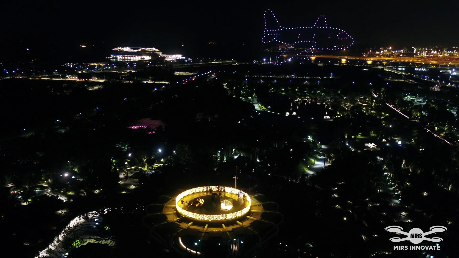 Plane drone formation above Gardens by the Bay for a marriage proposal