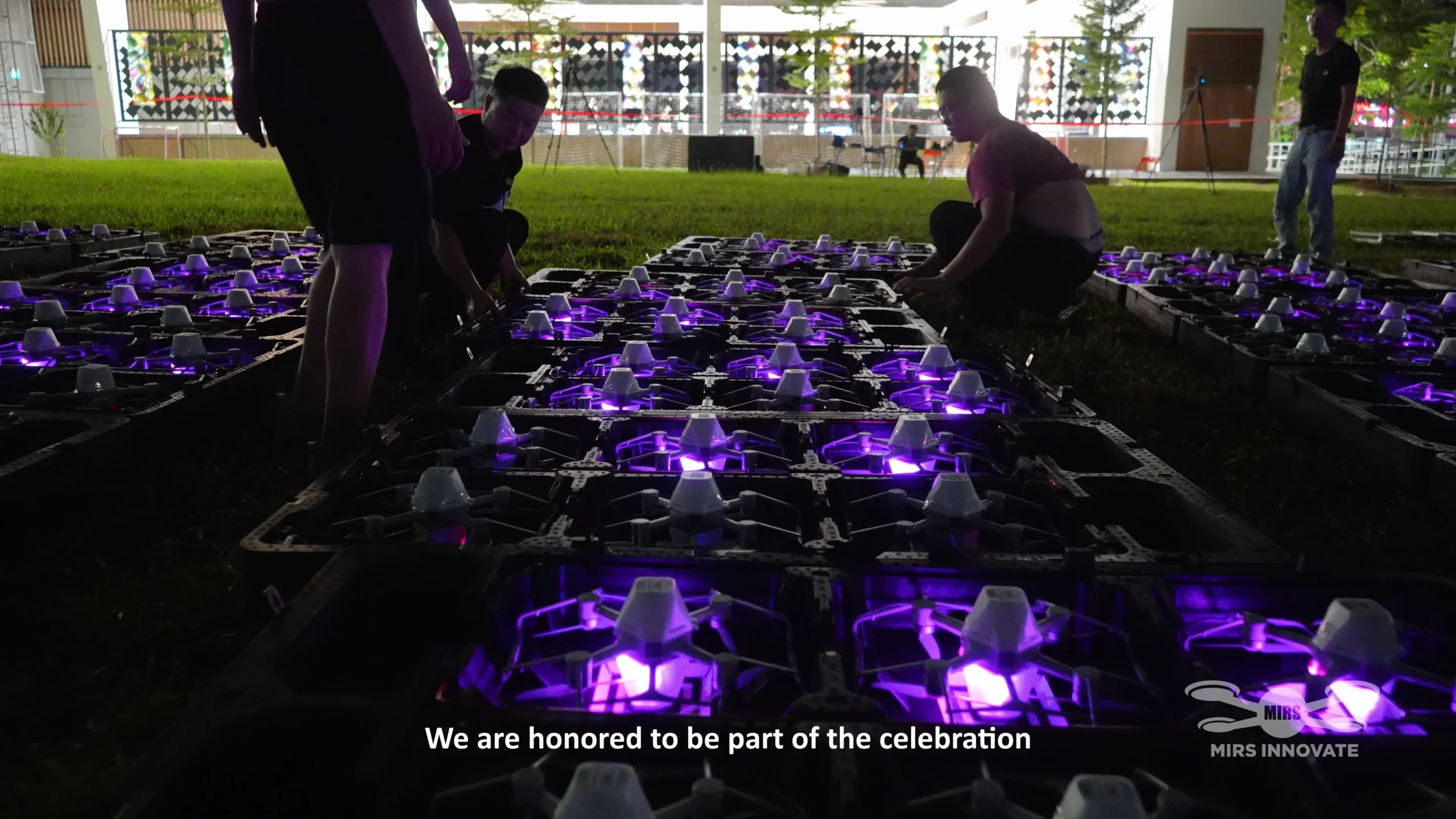 Drones lighting up during the pre-launch check for Singapore National Day 2024
