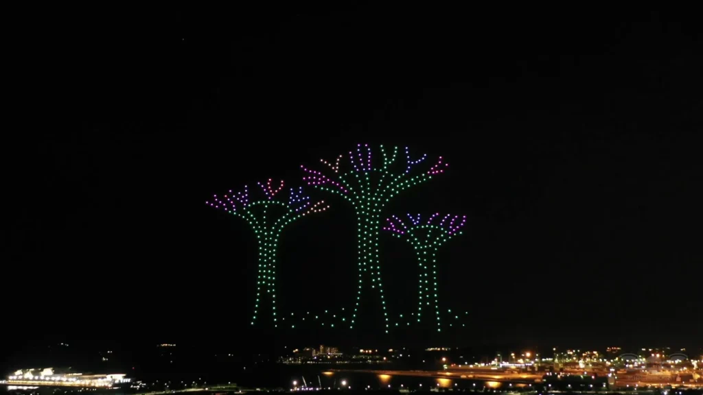 Supertree-inspired drone formation over Gardens by the Bay during a Singapore National Day concert