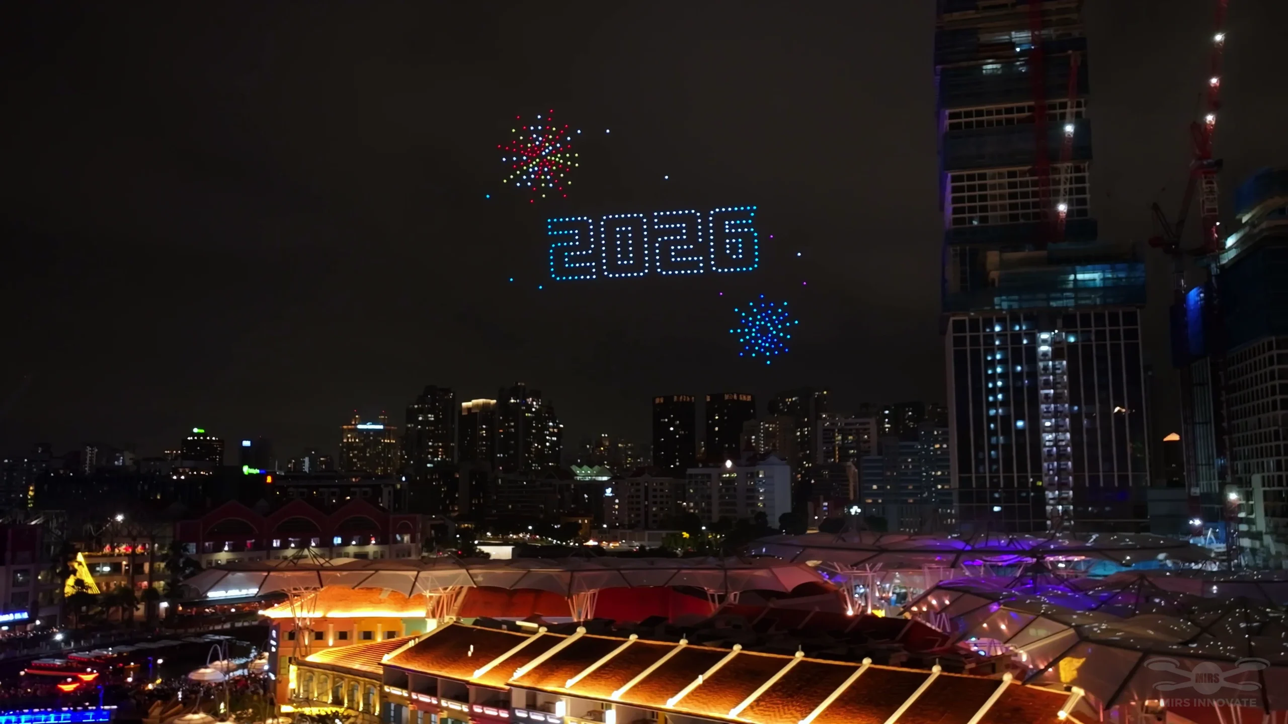 2026 fireworks skyline drone formation at Singapore New Year Eve drone show