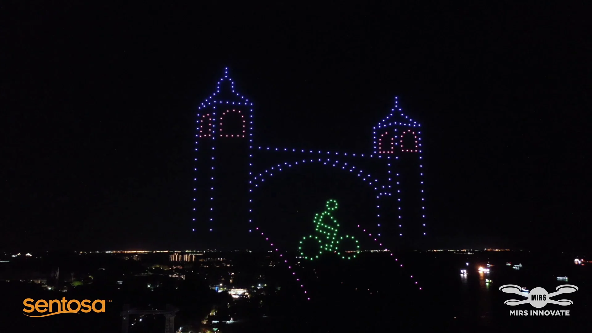 Bridge cyclist drone formation for Sentosa Jubilee 50th anniversary
