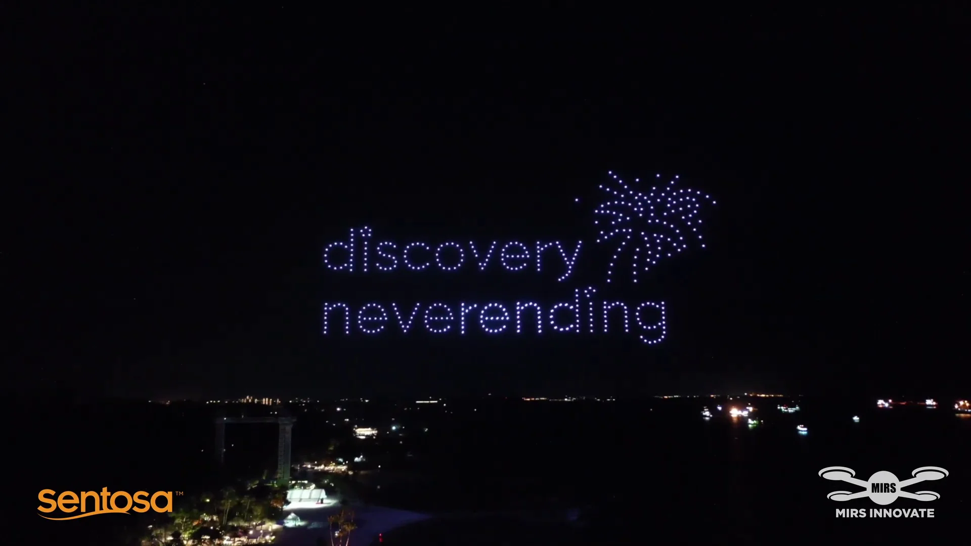 Discovery neverending text drone formation for Sentosa Jubilee 50th anniversary