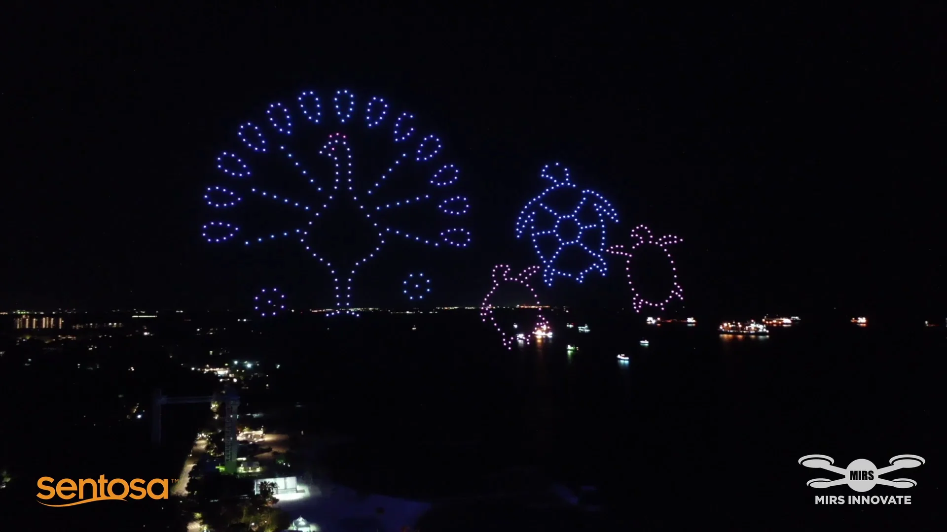 Peacock turtle and sea icons drone formation for Sentosa Jubilee 50th anniversary