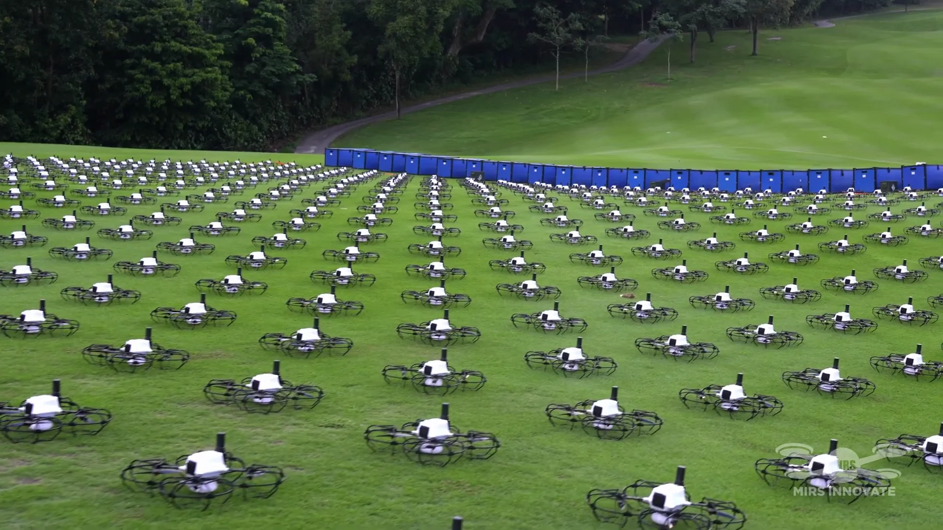 Close-up drone grid on golf course for SICC Jubilee 60th anniversary drone show in Singapore
