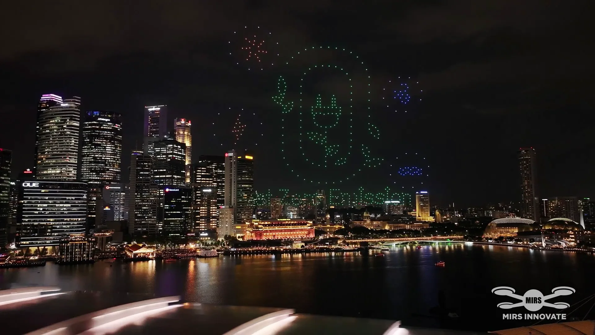 Energy transition green icon drone formation for SIEW in Singapore
