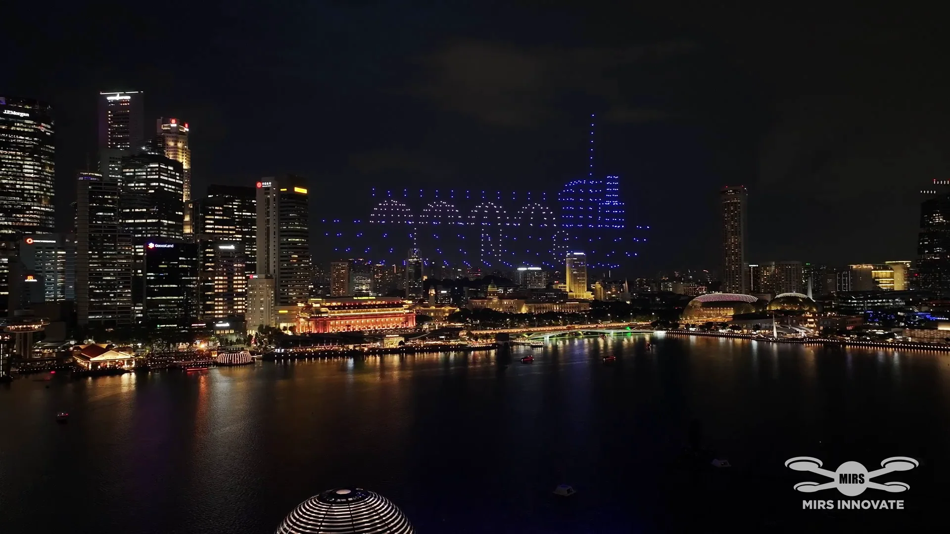 SLNG logo drone formation over the Singapore skyline during SIEW
