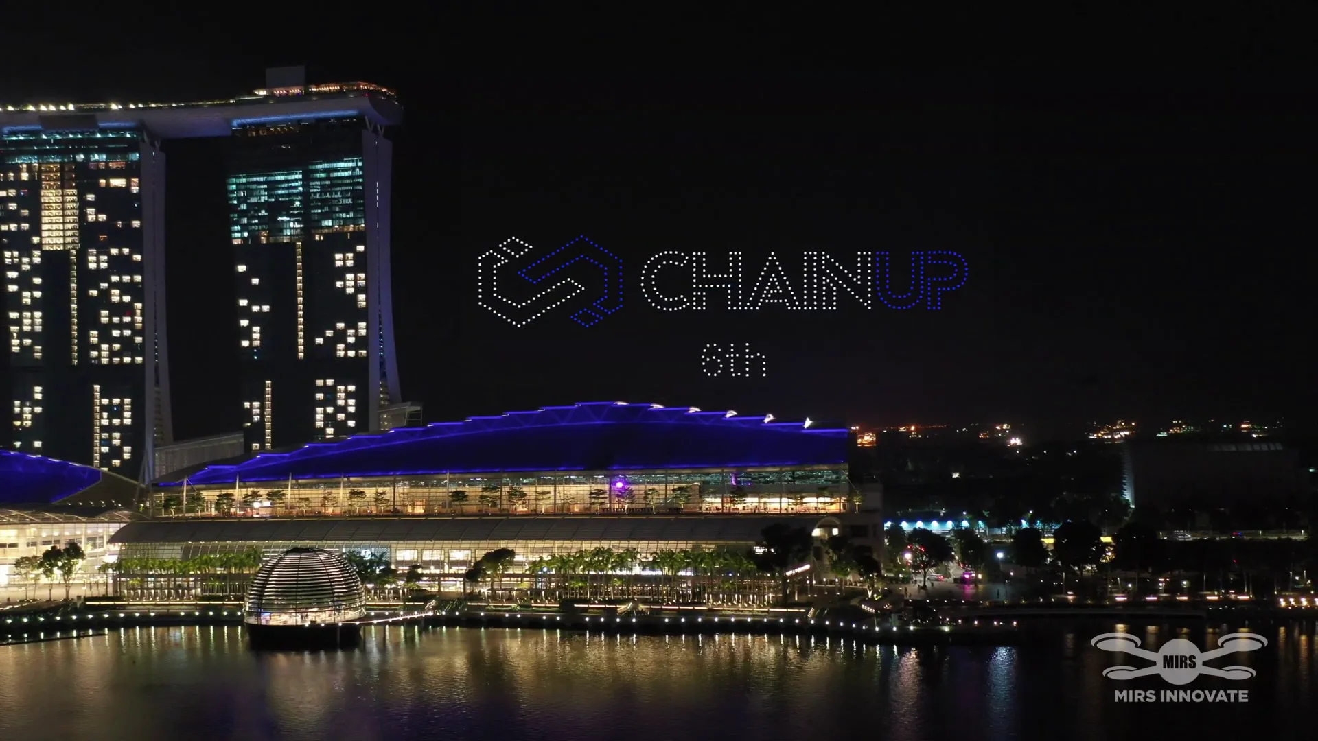 TOKEN 2049 Web3 Exhibition drone show Singapore - Token 2049 Web3 Exhibition Chainup Logo Formation Marina Bay