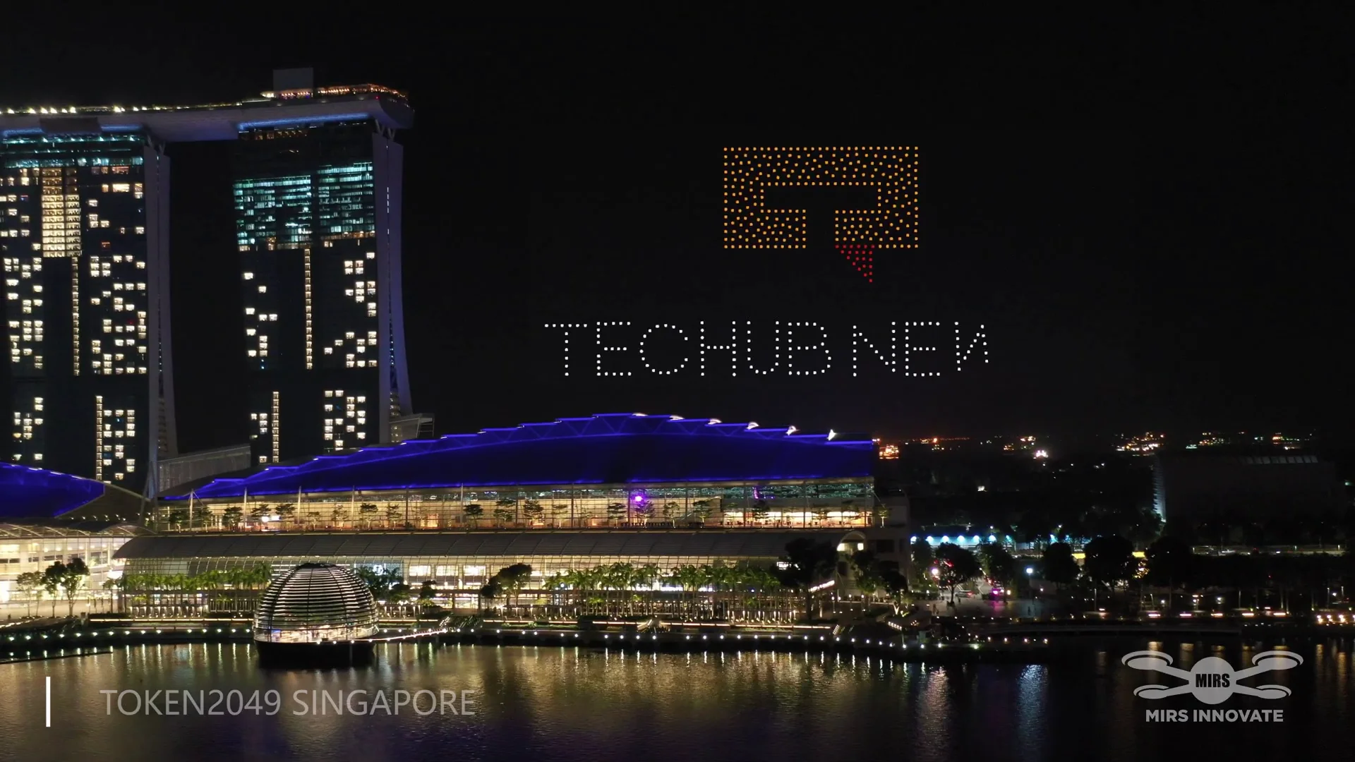 TOKEN 2049 Web3 Exhibition drone show Singapore - Token 2049 Web3 Exhibition Techubnew Logo Formation Marina Bay