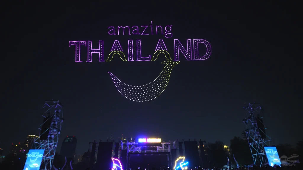 Amazing Thailand text formation during a Songkran water festival drone show