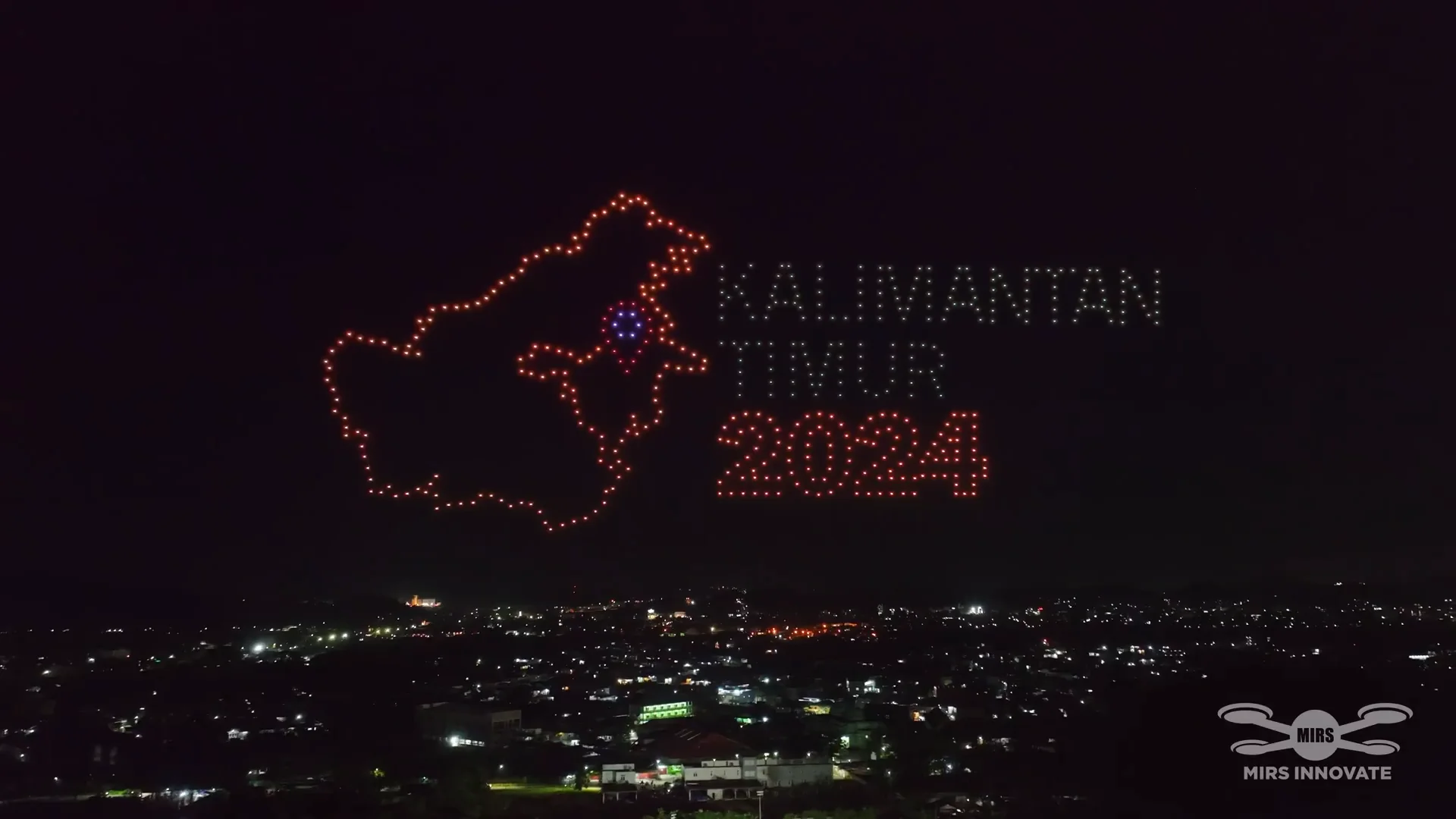 Kalimantan Timur 2024 text and map formation at the MTQN XXX drone light show in Samarinda, Indonesia