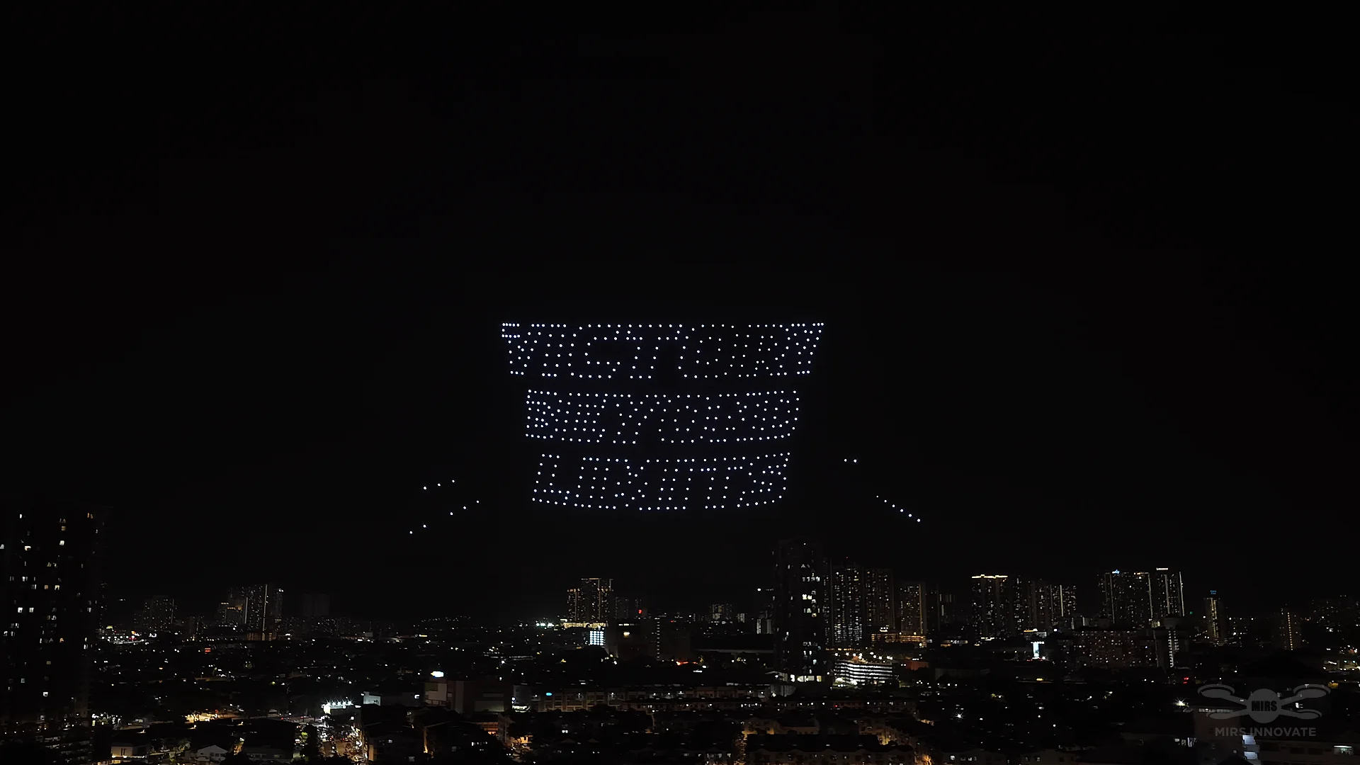 Victory Beyond Limits finale text formation at the HFM drone show