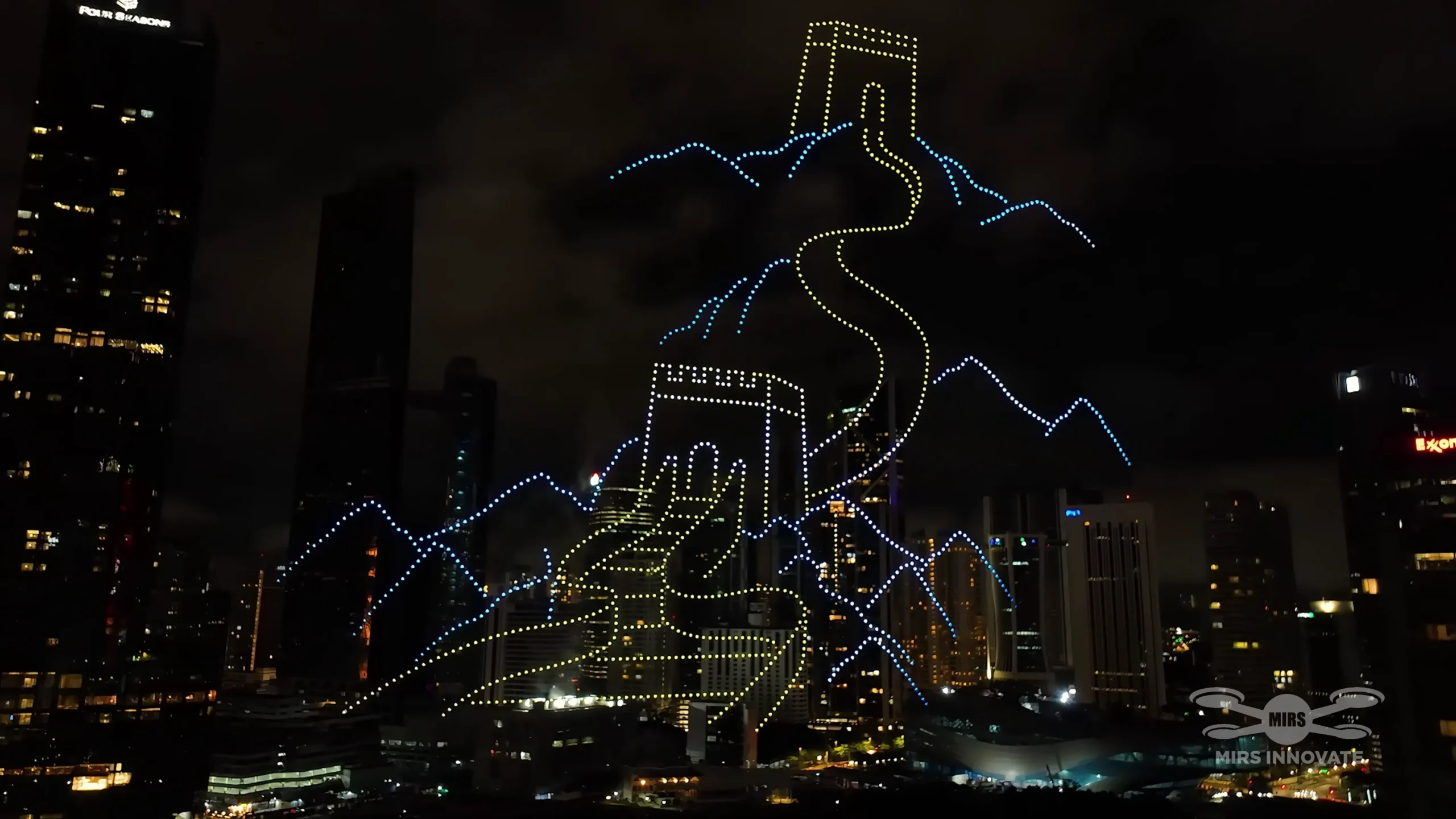 Great Wall and mountain formation above the Kuala Lumpur skyline at the 2025 Lunar New Year drone show