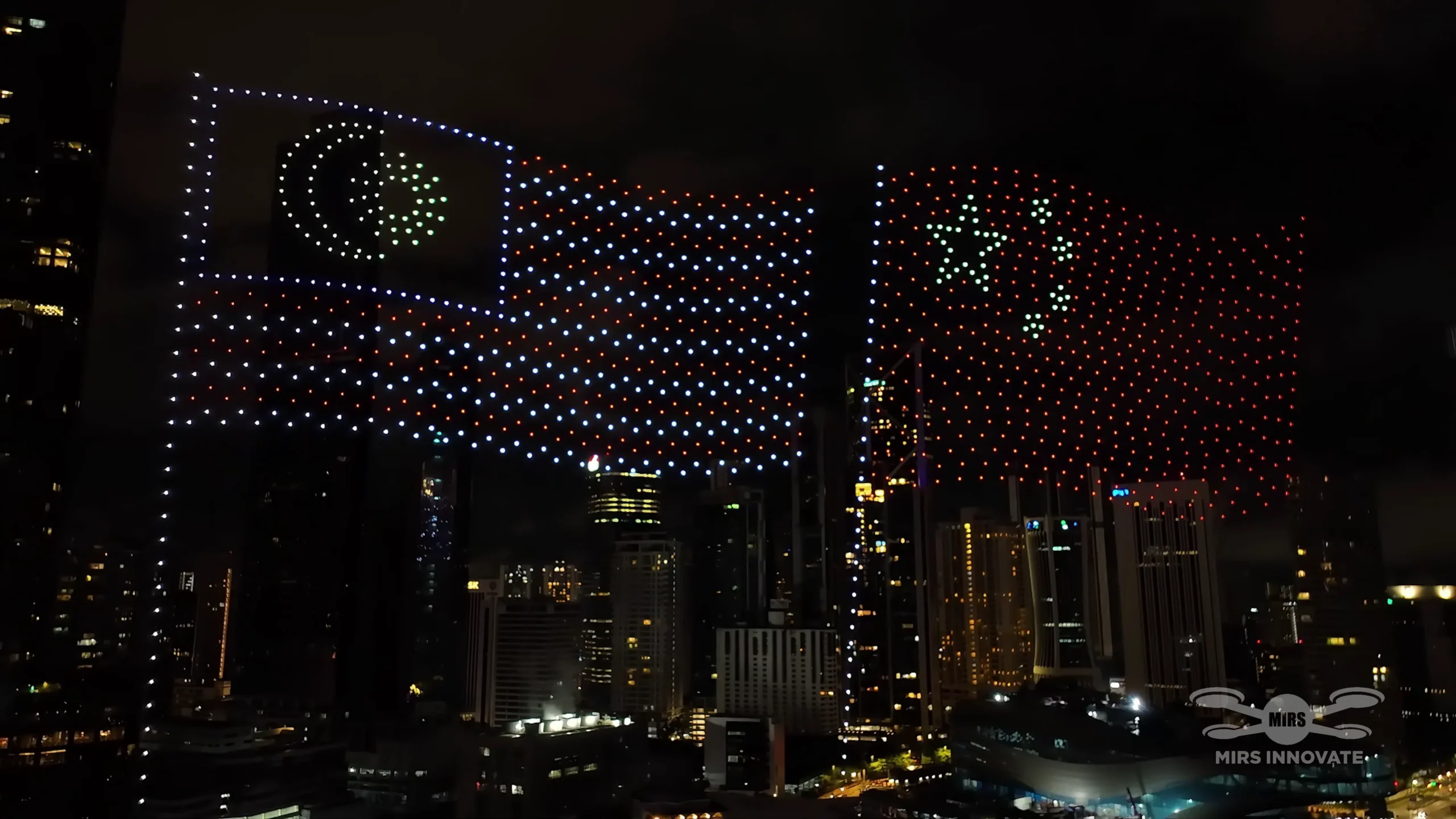 Malaysia and China flag formations above Kuala Lumpur at the 2025 Lunar New Year drone light show