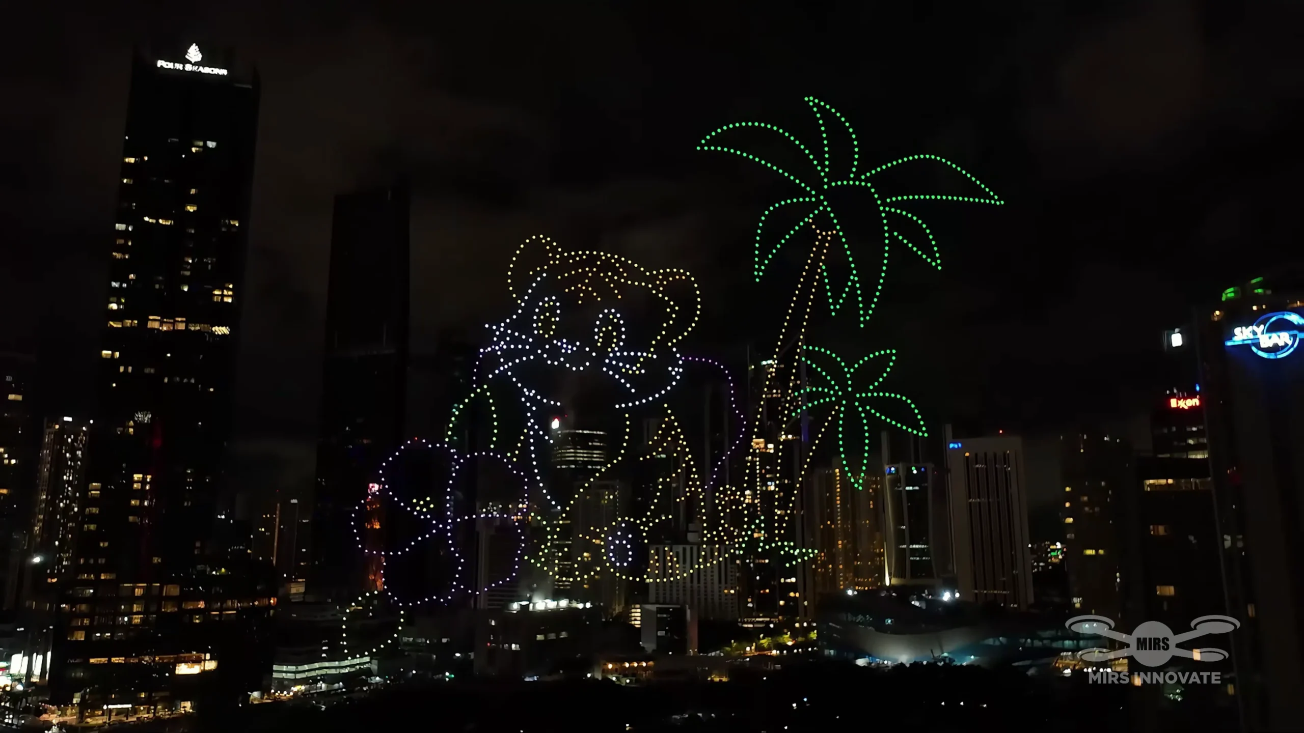Monkey character and palm tree formations above Kuala Lumpur at the 2025 Lunar New Year drone show
