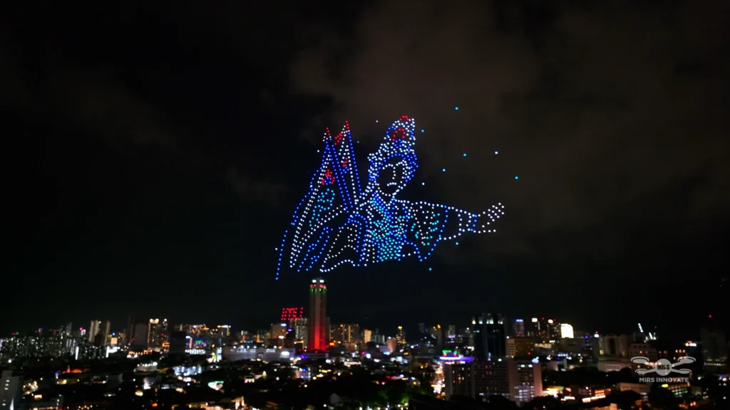 Character drone formation above the Penang skyline illustrating aerial brand storytelling