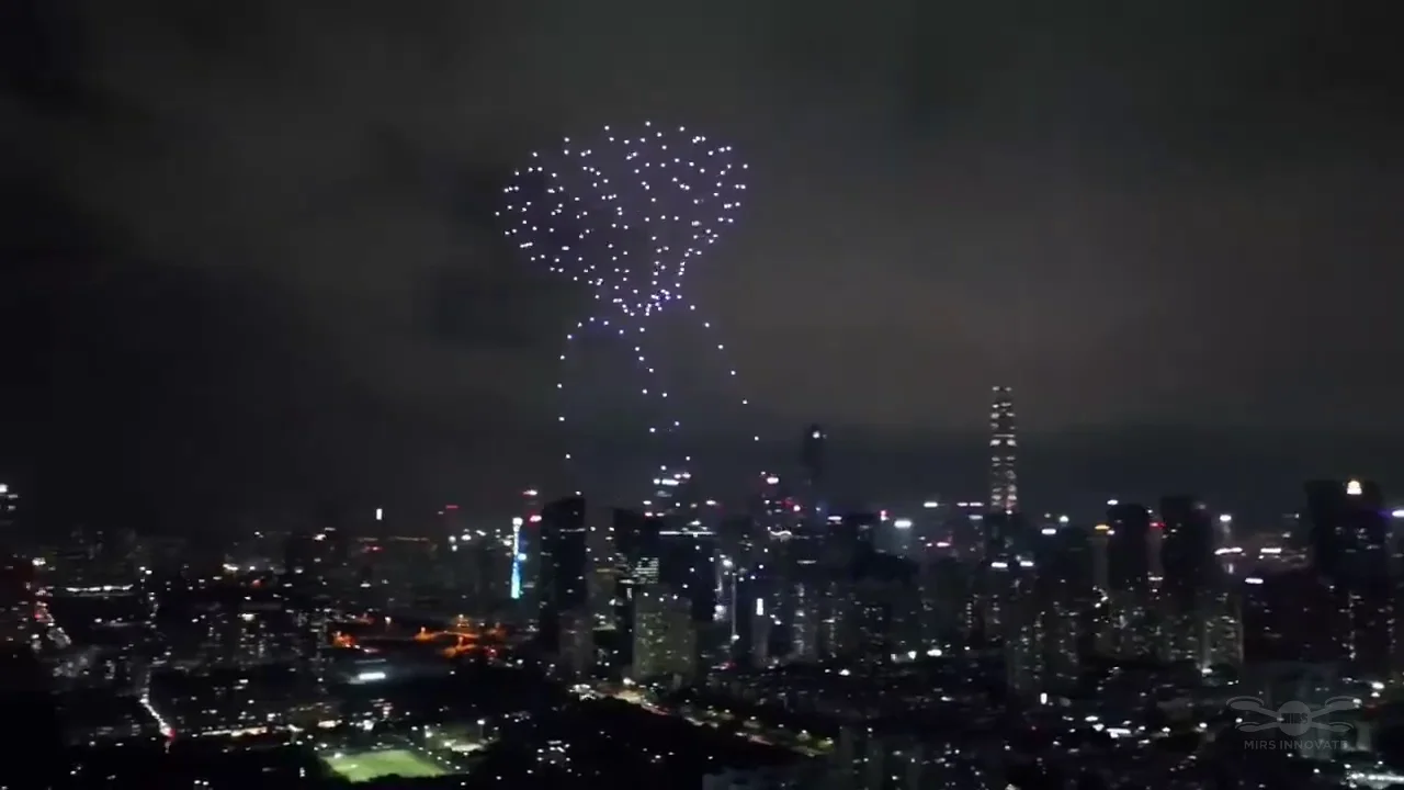 Flower bouquet formation created by 200 drones above an overseas cityscape