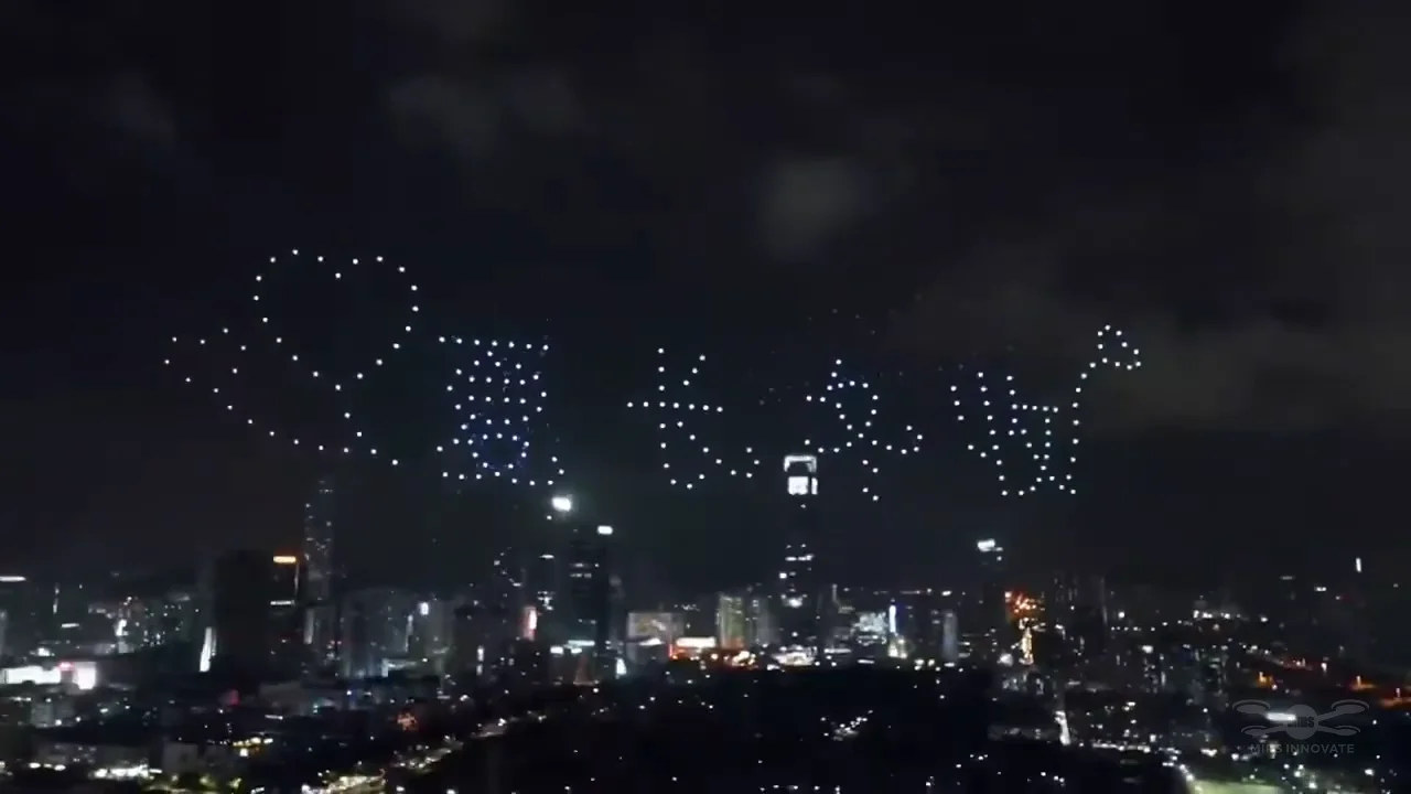 Heart and Chinese love text formed by 200 drones above an overseas cityscape