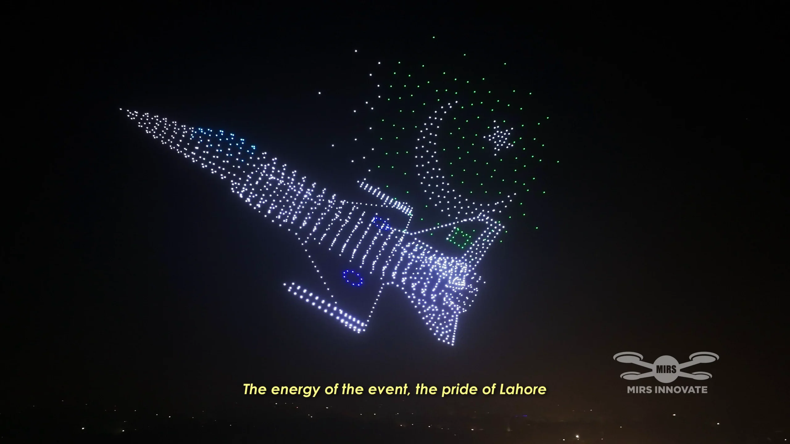 Spaceship formation at the Lahore Horse & Cattle Show closing drone light show in Pakistan