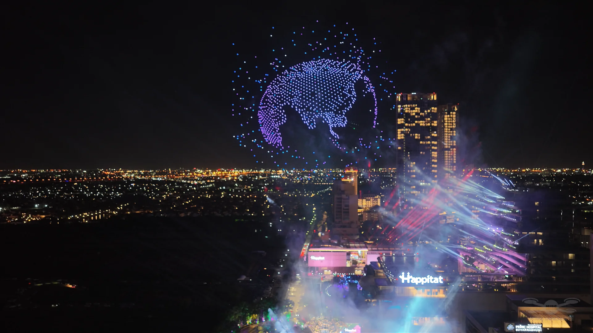 Globe drone formation above the Bangkok skyline during the Happitat opening