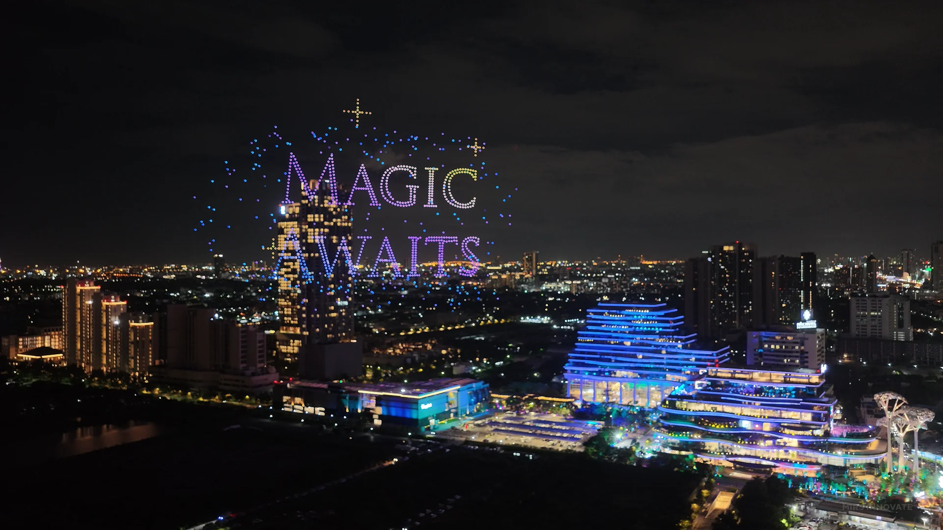 Magic Awaits drone text formation during the Happitat Grand Celebration