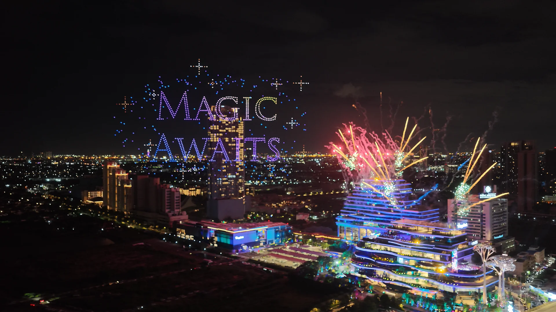 Magic Awaits drone text and fireworks closing the Happitat Grand Opening show