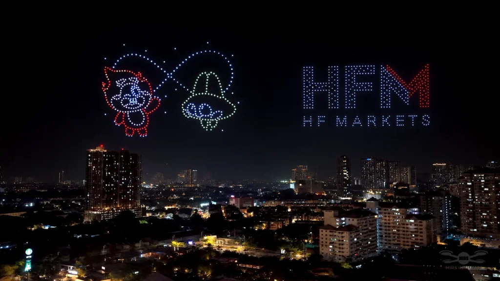 HFM logo with Solar and Luna drone formations over the Kuala Lumpur skyline