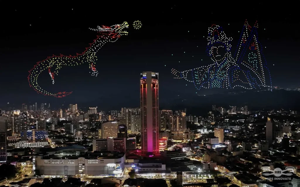 Dragon and traditional character drone formations above the Umi Umi event in Malaysia
